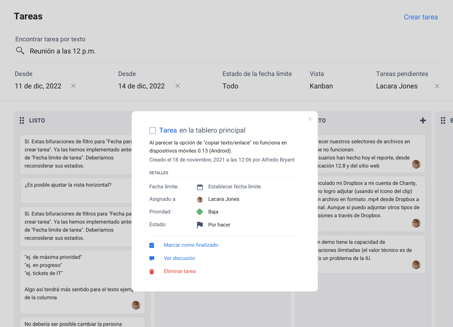 Pantalla de la tarea