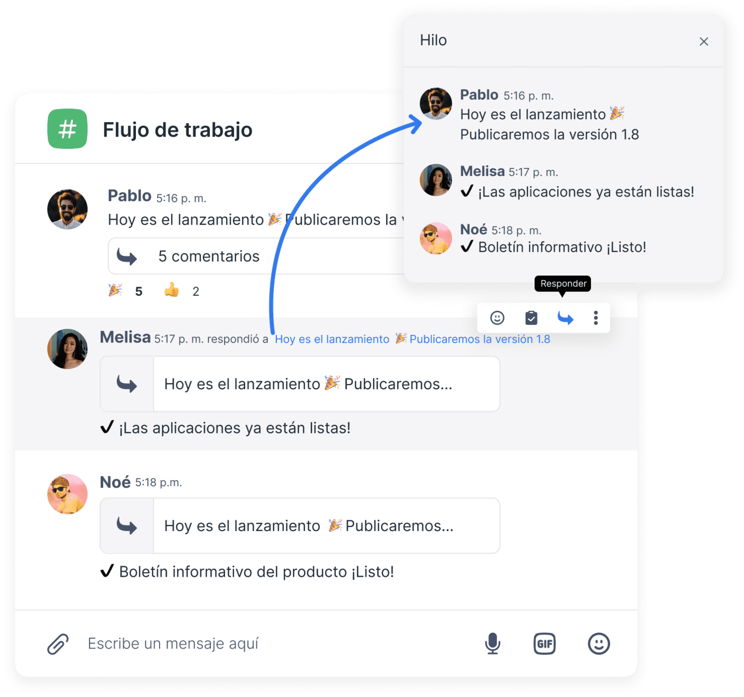 Flujos de trabajo con hilos de conversación
